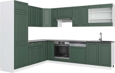 Vicco Hoekkeuken Fame-Line, Groen-Goud Landhuis/Wit, 287 x 227 cm, WB Antraciet