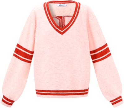 Comfortabele Gebreide Polyester Dames V-Hals Trui met Sportieve Strepen - Roze - Maat S/M