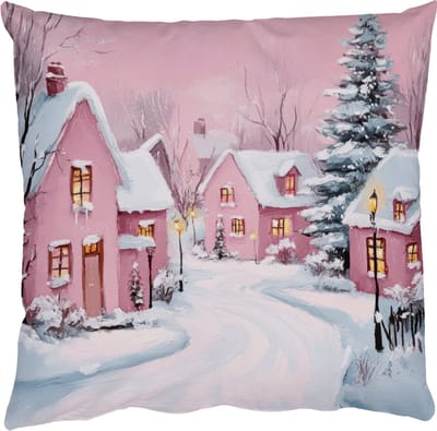 Sierkussens - Kussentjes Woonkamer - 50x50 cm - Kerstdorp - Roze - Winter - Sneeuw - Huizen - Kerstdecoratie voor binnen - Kerstversiering woonkamer decoratie - Kerstmis versiering in huis - Christmas decorations - Kerstaccessoires