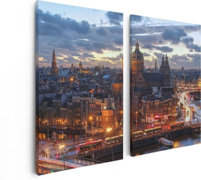 Artaza Canvas Schilderij Tweeluik Amsterdam Centrum Luchtfoto Zonsondergang - 80x60 - Foto Op Canvas - Canvas Print