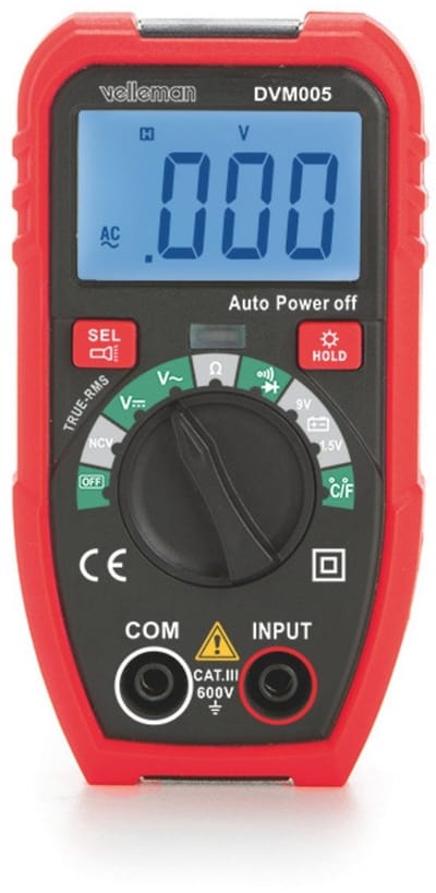 Velleman Digitale multimeter, lcd-display, CAT III/600 V, geschikt voor het meten van AC/DC-spanning, weerstand, temperatuur, transistor, diodes en continuïteit, batterijtest, zaklamp, NCV-functie, meetsnoeren