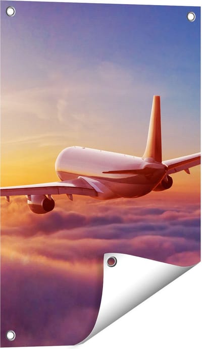 Gards Tuinposter Vliegtuig in de Wolken bij Zonsondergang - 40x60 cm - Tuindoek - Tuindecoratie - Wanddecoratie buiten - Tuinschilderij