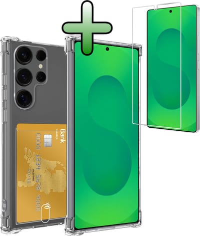 Hoesje Geschikt voor Samsung Galaxy S25 Ultra - Met Screenprotector - En Pashouder - En Kaarthouder - Telefoon Hoes Shockproof - Siliconen Case - Back Cover - Shock Proof - Pasjes Houder - Transparant