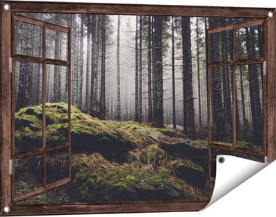Gards Tuinposter Doorkijk Bos met Mos op Rotsen - 90x60 cm - Tuindoek - Tuindecoratie - Wanddecoratie buiten - Tuinschilderij