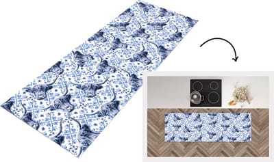Keukenloper - Loper keuken - Delfts blauw - Schotse hooglander - Dieren - 150x50 cm - Keukenloper vinyl
