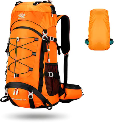 CarryQuest® 60L Hiking Backpack - Nylon Wandelrugzak met Regenhoes, Drinksysteem, Schoenenvak & Rugventilatie - Oranje