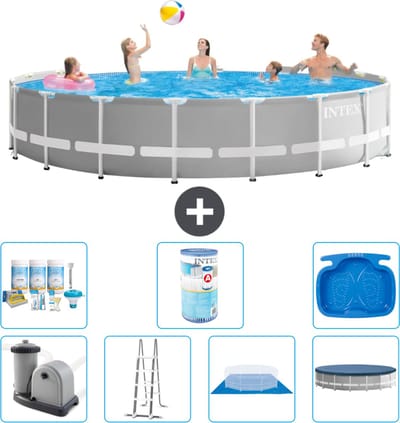 Intex Rond Prism Frame Zwembad - 548 x 122 cm - Grijs - Inclusief Pomp - Ladder - Grondzeil - Afdekzeil Onderhoudspakket - Filter - Voetenbad