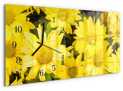 Tulup Wandklok - Gele bloemen Glazen Klok Met Print - 60x30 cm - Geel Moderne Glazen Wandklok - Zwarte Handen - Rechthoekige Wandklok - Glazen Wandklok Design - Klok Glas Met Opdruk