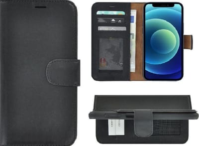 Hoesje Geschikt voor iPhone 13 - Bookcase - Portemonnee Hoes Echt leer Wallet case Zwart