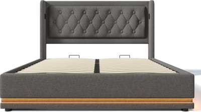 Gotagee Gestoffeerd bed 160x200cm tweepersoonsbed (zonder matras) grijs katoen hydraulisch opbergbed met USB Type-C oplaadfunctie en 3-zijdige LED-functie