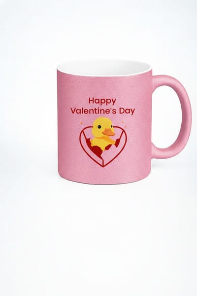 Valentijnsdag Mok Roze Glitter met Lief Eendje en Hart – Happy Valentine's Day Cadeau