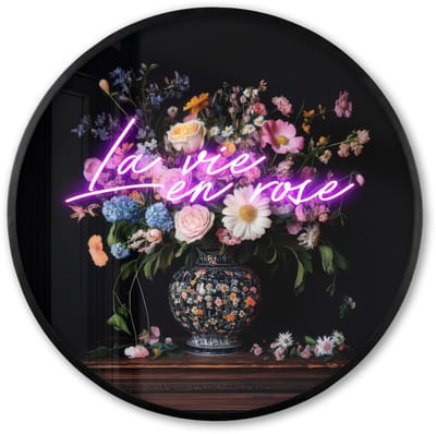 Poster in lijst Rond - Fotolijst 60x60 cm - Posters - Neon - Vaas - Bloemen - Ronde posterlijst zwart - Decoratie - Wanddecoratie woonkamer - Muurdecoratie slaapkamer