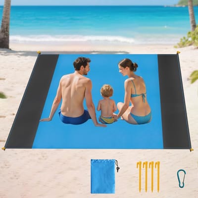 Solidchoice - Stranddeken, zandvrij, 210 x 200 cm, extra groot, waterdichte strandmat met 4 haringen, zandvrije strandhanddoek voor strand, wandelen, kamperen, picknick, licht en scheurvast (lichtblauw)