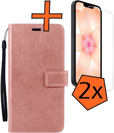 Hoes - Met 2x Screenprotector - Geschikt voor Apple iPhone 17e - Luxe Pasjeshouder - Bookcase Portemonee - Flip Case - Kunstleer Book Case - Flipcase Hoes - Book Cover - Walletcase - PortemonneeHoes - Rosé goud