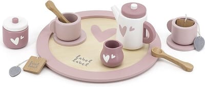 Label Label Houten Theeset - Houten Serviesset - Inclusief Theepot Kopjes en Accessoires - Stimuleert Fantasierijk Rollenspel - Vanaf 18 Maanden - Roze