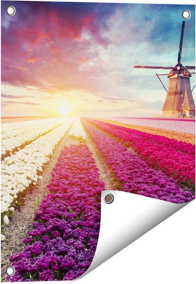 Gards Tuinposter Kleurrijke Tulpen Bloemenveld - Windmolen - 40x50 cm - Tuindoek - Tuindecoratie - Wanddecoratie buiten - Tuinschilderij