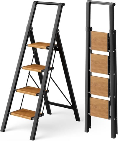 SnelShoppen - Inklapbare Trapladder 4 Treden met Leuning - Aluminium Opstapkruk 150 kg Capaciteit - Antislip Pedaal - Draagbaar en Compact - Zwart voo