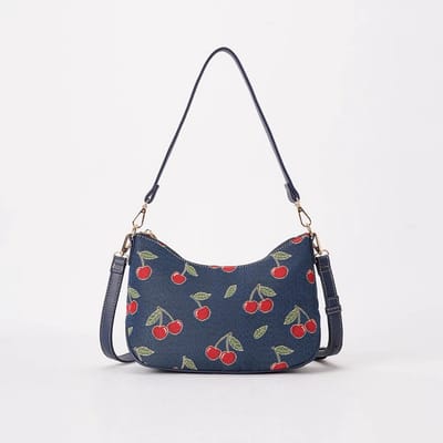 Moon-Shaped Handtas – Cherry – Kersen – Blauwe Achtergrond – Gobelinstof – Signare
