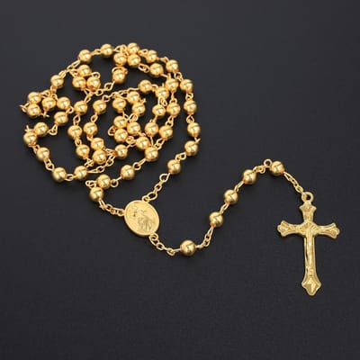 6MM Rozenkrans Kettingen Voor Vrouwen Mannen Lange Gouden Kleur Ketting Kruisbeeld Kruis Hanger Ketting Religieuze Gebed Sieraden Cadeau