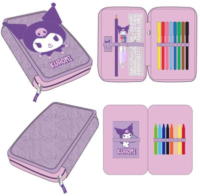 Hello Kitty Kuromi Gevulde Etui - 1 Zipper Etui - Pluche Etui - Inclusief Stiften, Kleurpotloden, Pen, Liniaal, Gum en Puntenslijper - Officiële Sanrio Merchandise