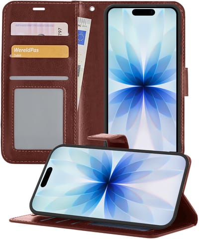 Hoesje - Geschikt voor Apple iPhone 17 - Luxe Bookcase - Walletcase Hoes - Portemonnee - Cover - Telefoonhoes - Bruin