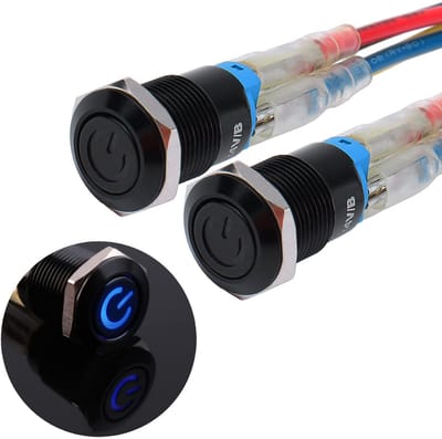 2x 12mm Zelfvergrendelende Drukknop Schakelaar 12V-24V IP66 Waterdicht met Blauwe LED Voedingssymbool