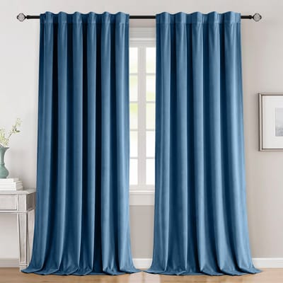 Qelus 2 Stuks Luxe Gevoerde Velours Gordijnen - 260gsm - Verduisterend & Isolerend - Multifunctionele Plooiband - Met Grijze Achterzijde - voor Slaapkamer en Woonkamer - 132x213cm - Blauw