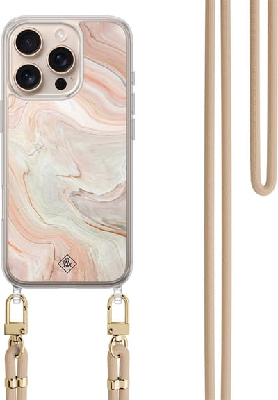 Casimoda® hoesje met koord - Geschikt voor iPhone 16 Pro - Marmer Waves - Afneembaar koord - TPU/polycarbonaat - Bruin/beige