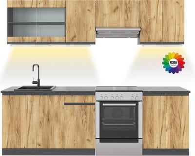 Vicco Complete keukeneenheid R-Line, Goudkleurig Eiken/Antraciet, 240 cm zonder werkblad met LED-strip