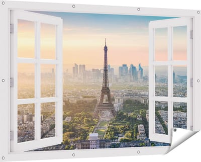 Gards Tuinposter Doorkijk Skyline van Parijs met de Eiffeltoren - 150x100 cm - Tuindoek - Tuindecoratie - Wanddecoratie buiten - Tuinschilderij