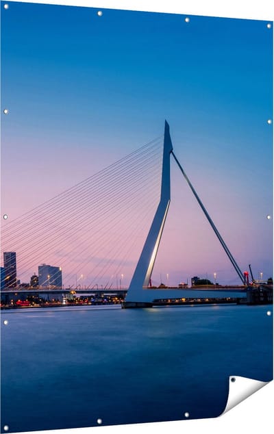 Gards Tuinposter Erasmusbrug in Rotterdam met Zonsondergang - 120x160 cm - Tuindoek - Tuindecoratie - Wanddecoratie buiten - Tuinschilderij