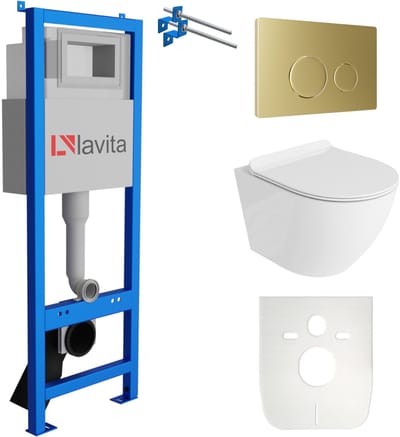 LAVITA LAV 101 Toiletset - 40cm Breed - Wandcloset SOFI SLIM - Wit Hoogglans - Randloos - Gouden Bedieningsplaat