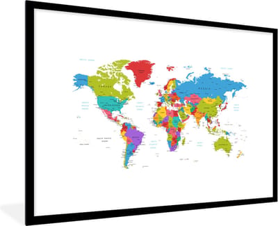 Poster in lijst - Fotolijst 90x60 cm - Posters - Wereldkaart - Simpel - Topografie - Posterlijst zwart - Decoratie - Wanddecoratie woonkamer - Muurdecoratie slaapkamer