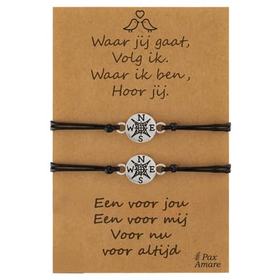 Vriendschapsarmbandjes voor 2 "Waar jij gaat, volg ik" - Kompas - BFF Armbandjes met Persoonlijk Cadeau Kaartje - Zilverkleurig - Elastisch Verstelbaar - Pax Amare