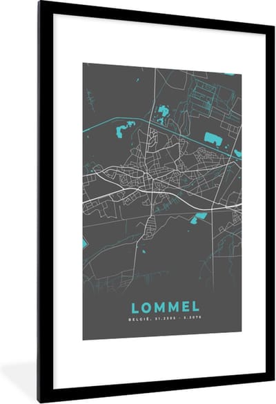 Fotolijst incl. Poster - België – Lommel – Stadskaart – Kaart – Blauw – Plattegrond - 80x120 cm - Posterlijst