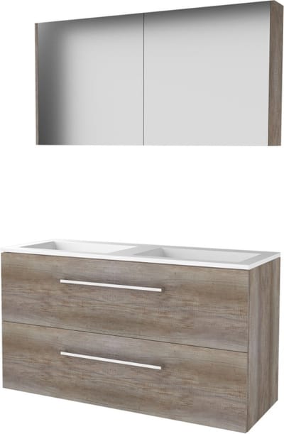 Basic Comfort 46 badmeubelset met spiegelkast, onderkast met 2 lades, grepen en acryl wastafel zonder kraangaten 120 x 46 cm, scotch oak