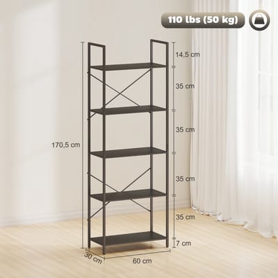 Boekenplank, vrijstaande plank met 5 planken, industriële kantoorplank met metalen frame, open opbergplank voor woonkamer, kantoor, studeerkamer, 60x30x170,5 cm, zwart