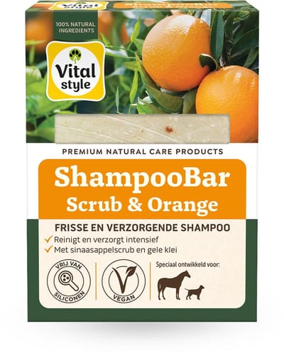 VITALstyle Shampoobar - Scrub & Orange - Hondenshampoo - Paardenshampoo - Voor Een Intensieve Reiniging - Met Sinaasappelscrub & Gele Klei - 180 g