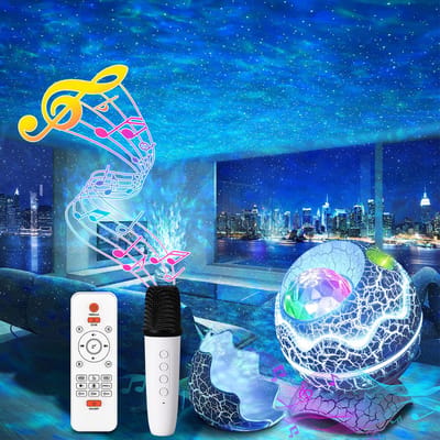 Rosnek Karaoke Set Kinderen met 2 Microfoons - Dino Ei Sterren Projector & Bluetooth Speaker - Draadloze Muziekbox met White Noise & Galaxy Verlichting - Party Cadeau - Karaoké Enfant