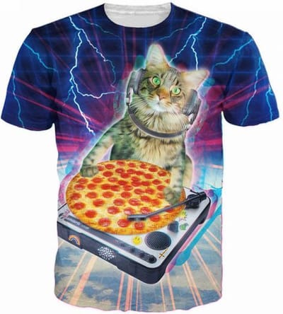 Pizza DJ Kat Festival shirt - Maat: S - Crew neck - Feestkleding - Festival Outfit - Fout Feest - T-shirt voor festivals - Rave party kleding - Rave outfit - Kattenshirt - Nineties