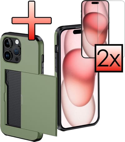 Hoes Geschikt voor iPhone 15 Pro Hoesje Pasjeshouder Hard Cover Met 2x Screenprotector Shock Proof Hard Case Hoes Met Kaarthouder - Donkergroen