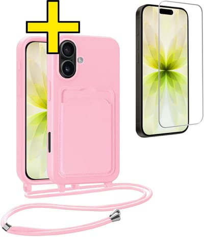 Hoesje Geschikt voor iPhone 17 Telefoonhoesje Met Koord Case Pashouder Met Screenprotector Siliconen - Hoes Geschikt voor iPhone 17 Hoesje Met Kaarthouder - Lichtroze