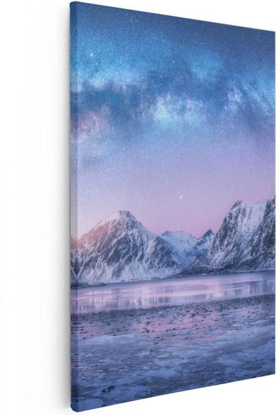 Artaza Canvas Schilderij Winterlandschap - 20x30 cm - Klein - Muurdecoratie Bergen - Wanddecoratie Sterrenhemel - Kamer Accessoires Natuur