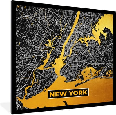 Fotolijst incl. Poster - Goud - Stadskaart - Plattegrond - New York - Kaart - 40x40 cm - Posterlijst