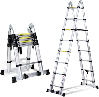 Aluminium Telescopische Ladder - Vouwladder Rechte Ladder - Klussen en Onderhoud - Met Wielen en Stabilisator