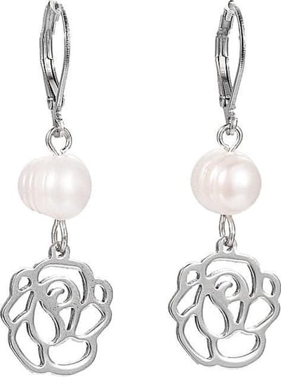 Zoetwater parel oorbellen Pearl Metal Flower - Oorhanger - echte parels - wit - edelstaal - bloem - luxe sieraden zakje - parel oorbellen dames