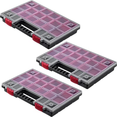 KADAX Organizer, gereedschapskist van kunststof, magazijn voor kleine onderdelen met transparant deksel, magazijn voor kleine onderdelen in verschillende maten, assortimentsdoos (34 x 25 cm, 3 stuks)