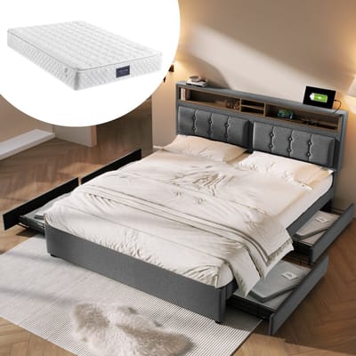 DESMIU Gestoffeerd Bed 140x200cm - Bed Met Verstelbaar Hoofdbord, Usb-Laadstation En 4 Lades - Inclusief Matras - Linnen Stijl - Grijs