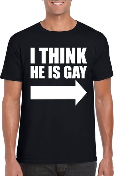 Pride thema t-shirt - I think he is gay - zwart - voor heren - Feestkleding - Party - met wijzende pijl S