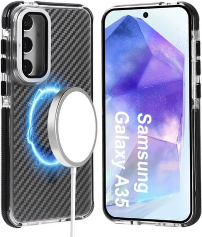 Magsafe Hoesje Geschikt voor Samsung A35 hoesje Zwart Heavy Duty Carbon Case met Versterkte Zijkanten, MagSafe en Camera Kickstand